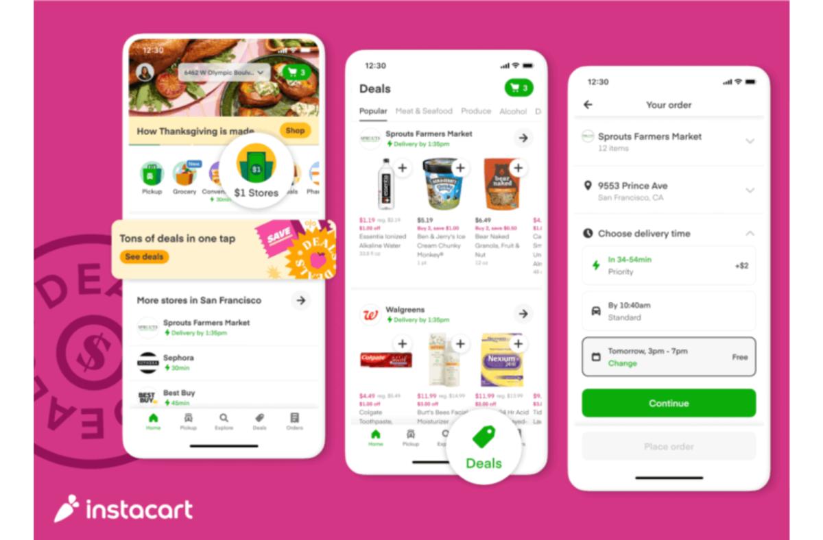 Screenshots on a smartphone of the Instacart grocery delivery service ordering process
